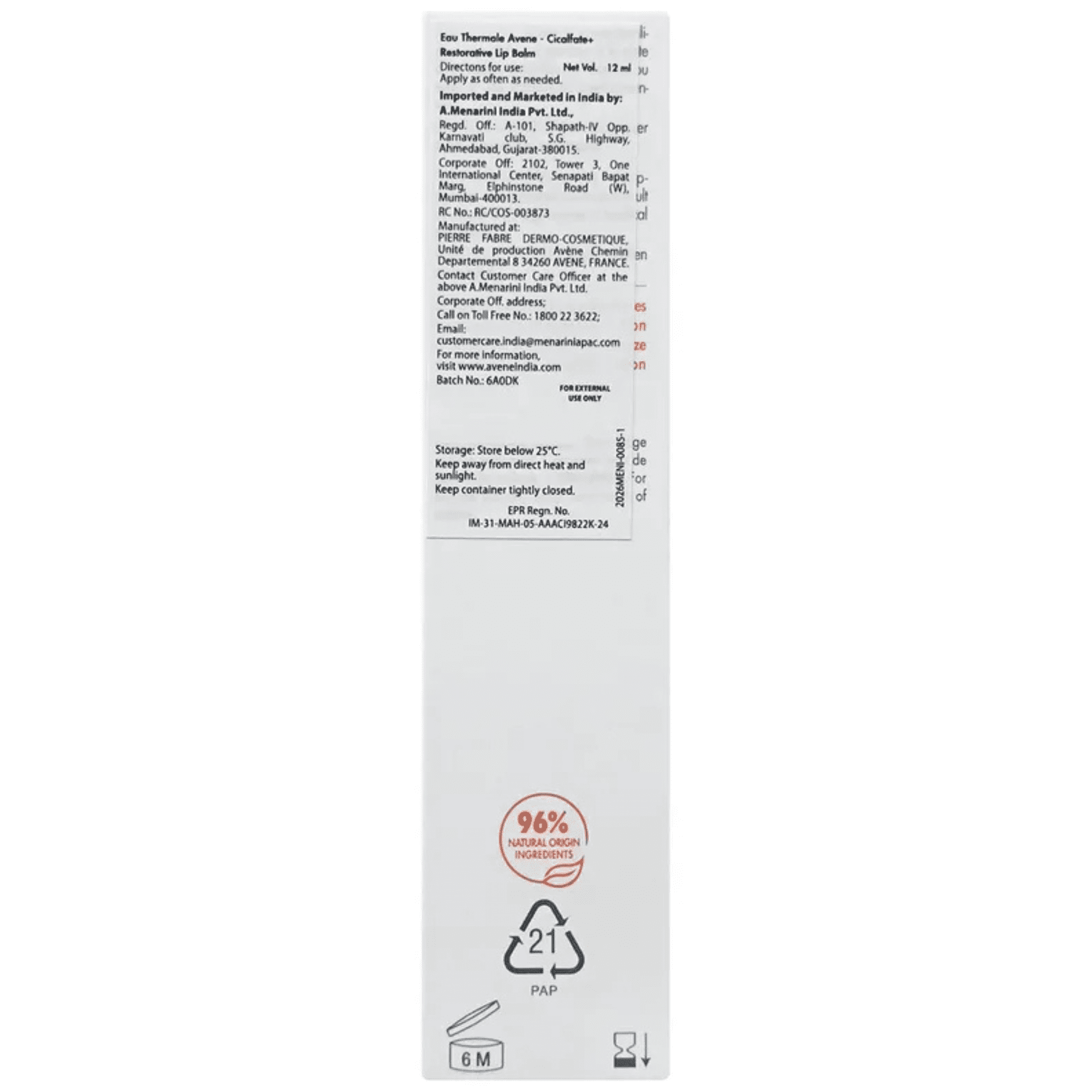 Avene Cicalfate+ Repair Lip Balm, 10 ml