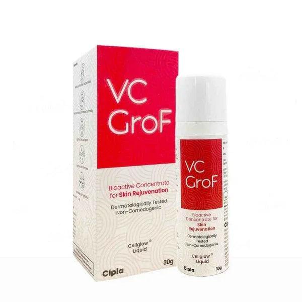 Cipla VC GroF Cellglow Liquid Cipla VC GroF Cellglow Liquid Cipla VC GroF Cellglow Liquid Cipla VC GroF Cellglow Liquid COD Available 100% Original COD Available Lowest Price COD Available Free Shipping Product Description ↑ Cipla VC GroF Cellglow Liquid is a skin-revitalising bioactive concentrate designed to support a youthful and healthy-looking complexion. Enriched with skin-supportive bioactive ingredients and conditioning agents, it helps improve the skin’s hydration and overall appearance. The formulation is intended to reduce the visible appearance of fine lines, wrinkles, pigmentation, and uneven skin tone while helping restore a naturally radiant look. By supporting the skin’s natural renewal and repair mechanisms, it helps promote a firmer, smoother, and more refreshed appearance. This lightweight, non-comedogenic formula provides daily skin nourishment and hydration without clogging pores. It is formulated without sulphates, parabens, silicones, or added fragrance, making it a suitable addition to regular skincare routines. Key Benefits Key Benefits ↑ Helps minimise the visible signs of ageing, including fine lines and wrinkles, for a smoother-looking complexion. Promotes a more balanced-looking skin tone while enhancing the skin’s natural radiance. Helps reduce the visible appearance of dark spots and areas of uneven pigmentation. Supports skin firmness and elasticity for a more toned and youthful appearance. Provides lasting hydration to help keep the skin soft, smooth, and supple. How to Use How to Use ↑ Prime the pump by pressing the actuator approximately 4–6 times initially until the product is dispensed. Take 2–3 pumps of VC GroF onto the palm of your hand. Apply evenly over a cleansed face and neck, gently massaging in upward and circular movements. For optimal results, use the product two times a day as part of your skincare routine. Key Ingredients Key Ingredients ↓ Other Information Country of Origin ↓ Mfg/Marketer details ↓ Importer details ↓ Cipla VC GroF Cellglow Liquid